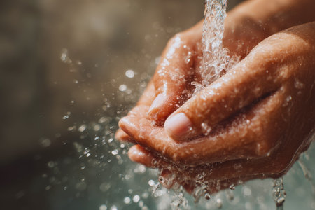 A detailed shot of hands lathered with soap, swirling with foam as water cascades over them, emphasizing cleanliness and hygiene.の写真素材