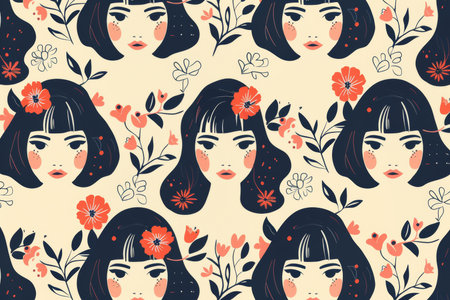 Abstract vector illustration of a girl in a seamless repeat pattern design for versatile useの写真素材