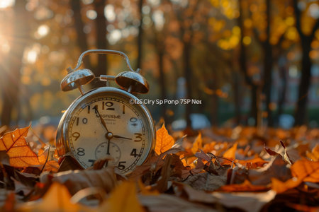 Autumn leaves and alarm clock on ground, time change concept stock photo winner in fall backgroundの写真素材