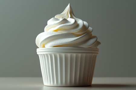Cascading creamy swirls of a chilled dessert in a crisp white cup, set against a simple backdrop, evoking indulgence and crisp elegance.の写真素材