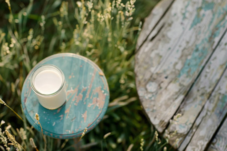 A serene field scene captured from above showing a glass of milk resting on a table surfaceの写真素材