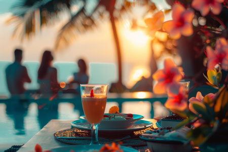 Luxurious breakfast table by tropical sea for romantic couples on summer honeymoon vacationの写真素材