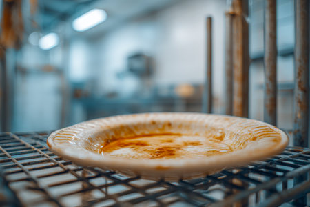 A worn ceramic dish with lingering sauce marks rests on a metal rack, evoking busy kitchen activity and culinary remnants.の写真素材