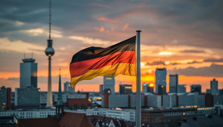 German flag waving against the city skyline, symbolizing the urban landscape in germanyの写真素材