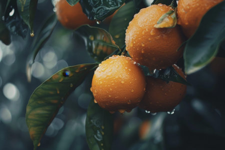 Close-up view of lush cluster of fully ripened oranges hanging fabulously from tree branchの写真素材