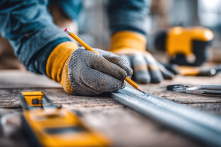 A craftsman refines a plank's dimensions, carefully sketching guidelines amid a warm workshop filled with tools and wood shavings.の写真素材