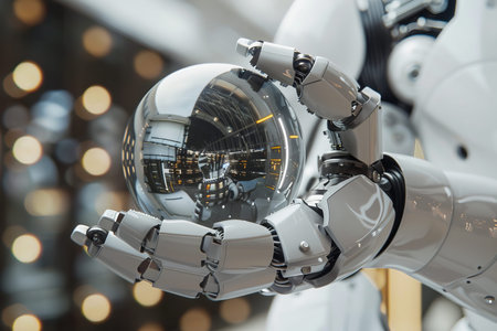Futuristic robotic hand grasping spherical artificial intelligence orb in modern tech concept