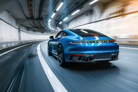 Rear view of a sleek blue business car speeding along a high-speed highway in a sharp turn