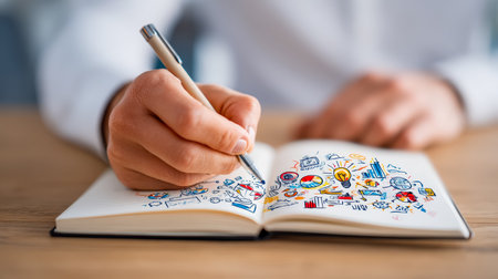 A creative individual sketches vibrant diagrams and icons symbolizing progress and innovation on a notebook, igniting inspiration and strategic thinkiの写真素材