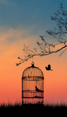 A dark silhouette of an ornate birdcage sways from a leafy branch against a vivid sunset sky, with a graceful bird soaring in the background, evokingの写真素材