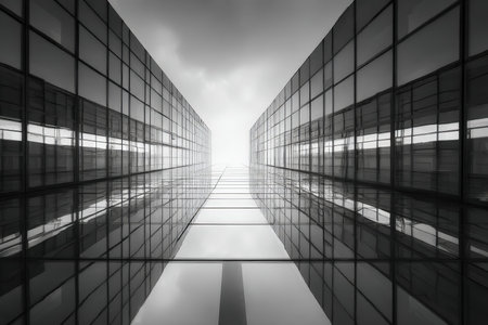 Sleek high-rise structures feature shimmering glass facades mirroring a moody, cloud-streaked sky, evoking a sense of contemporary urban sophisticatioの写真素材