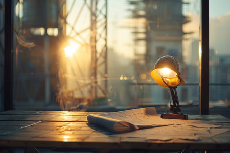 Architectural design desk with mining light in construction site or office building