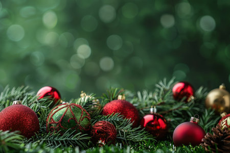 Festive christmas ornaments on green background with copy space holiday and new year conceptの写真素材