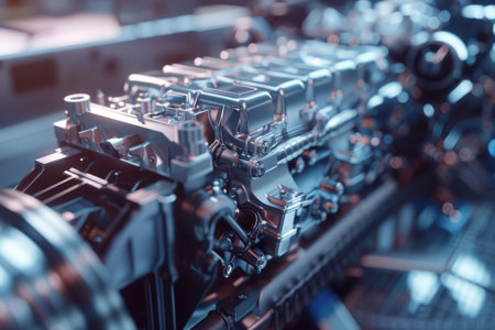 Detailed cutaway view of modern car engine design in high quality close up image