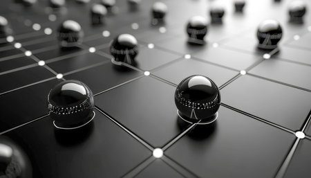 Abstract digital grid featuring glossy black spheres linked by bright lines on a dark background,...