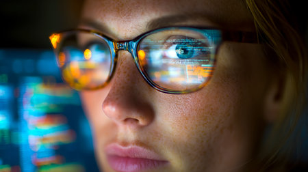 A woman with stylish glasses gazes intently at a screen, where intricate digital data patterns...
