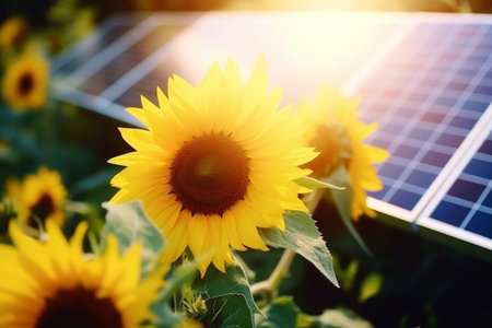 Sun panels in a vibrant summer field, generating renewable energy and promoting sustainabilityの写真素材