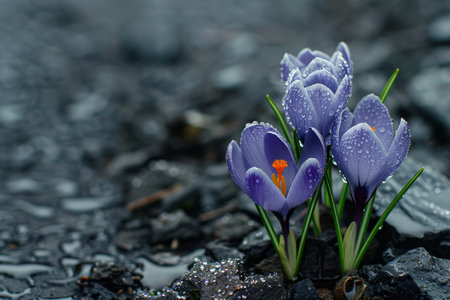 Vivid blue crocuses in raindrop trails on sunny spring day, captured in high quality imageの写真素材