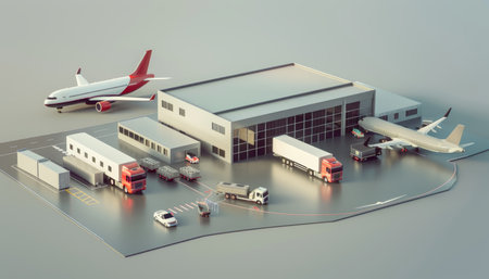 Efficient multimodal logistics center with truck, airplane, and ship integrationの写真素材