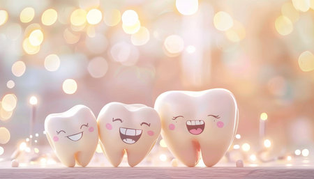 Cheerful dental cartoon characters promoting oral health on blurred backdrop with room for textの写真素材