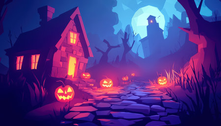 A eerie nighttime setting featuring a creepy haunted mansion, flickering carved pumpkins casting sinister light, all illuminated by a chilling full moの写真素材