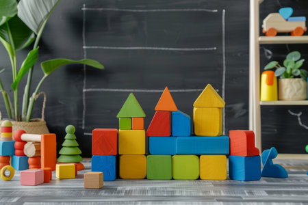 Colorful educational blocks in kids playroom with games floor chalkboard mockupの写真素材