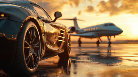 A sleek high-end vehicle parked under a vivid sunset sky next to a private jet, capturing opulence, style, and the thrill of exclusive travel.の写真素材