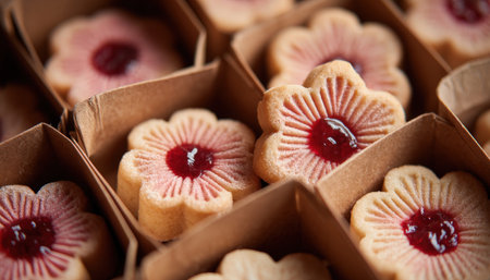 Colorful flower-shaped biscuits with vibrant red jam centers presented in neat paper wrappers,...