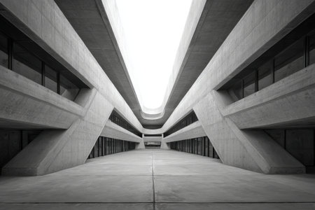 Sleek, symmetrical structure with clean lines and a minimalist aesthetic, evoking a cutting-edge vision of urban architecture.の写真素材