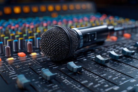 A detailed shot of a professional microphone nestled among vibrant, illuminated control dials on an...