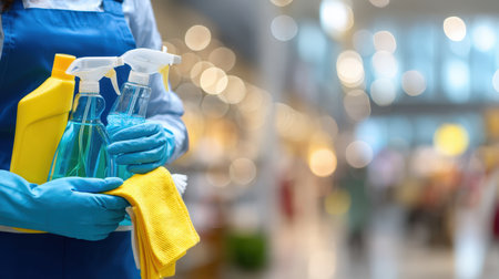 A shopper selecting eco-friendly cleaning products, showcasing vibrant bottles and cloths in a well-organized store aisle, evoking freshness and cleanの写真素材