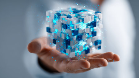A high-tech, luminous blue cube hovers above an open palm, conveying innovation and digital mastery...