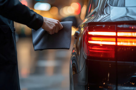 A person meticulously cleans a sleek luxury vehicle's rear under ambient night lighting, highlighting attention to detail and elegance.の写真素材