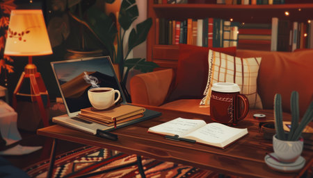 Cozy home office setup with laptop, documents, coffee, and decor for remote work in living roomの写真素材