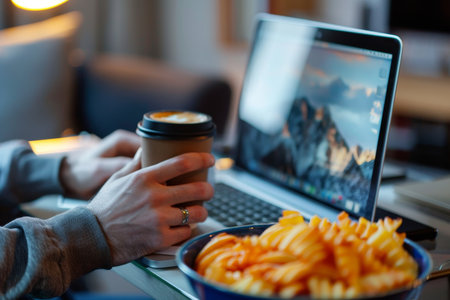 Man typing on laptop with coffee cup in hand and snacks nearby, working in high quality imageの写真素材