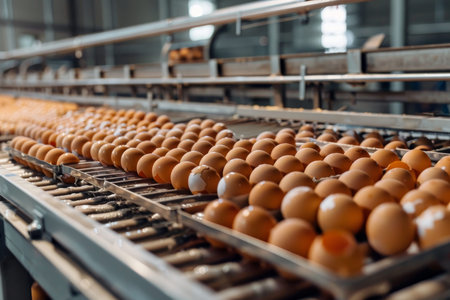 Efficient egg sorting machinery in a bustling commercial egg production facility