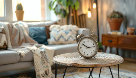 Bohemian chic living room decor close up of alarm clock on wooden table near cozy sofaの写真素材