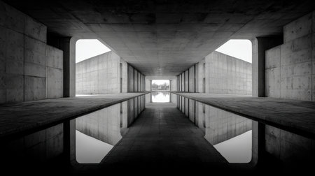 Sleek concrete design with sharp lines and smooth surfaces, mirrored in the calm water below, creating a harmonious blend of architecture and nature.の写真素材