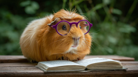 A charming guinea pig with vibrant purple spectacles sits on a rustic wooden table outdoors, engrossed in a book amid soft natural light.の写真素材