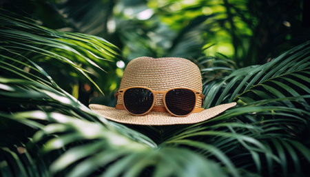 A chic straw hat paired with trendy sunglasses lies amid lush tropical leaves, evoking a relaxed summer vibe perfect for travel or leisure content.の写真素材