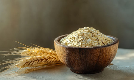 Rustic wooden bowl brimming with rolled oats rests beside golden wheat stalks on a soft, light...