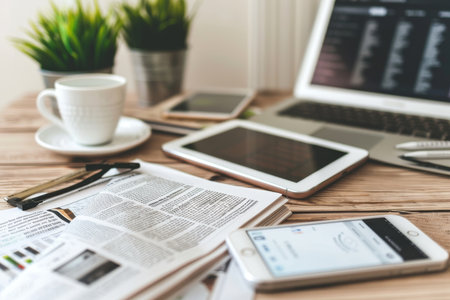 Latest news feed on desk newspaper, tablet, and mobile phone in high quality imageの写真素材