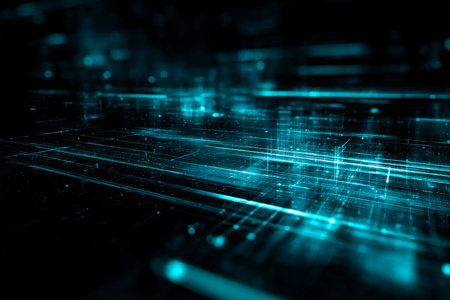 A high-tech visual featuring interconnected luminous blue pathways and bright nodes, illustrating advanced digital connectivity and data flow in a futの写真素材