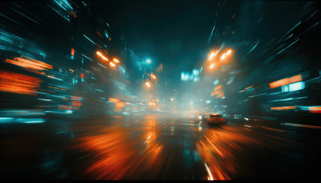 Vibrant city nightlife scene featuring streaks of colorful vehicle lights, shimmering reflections on...