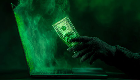 A neon-lit cybernetic workspace featuring a hacker's digital interface, glowing green streams of...