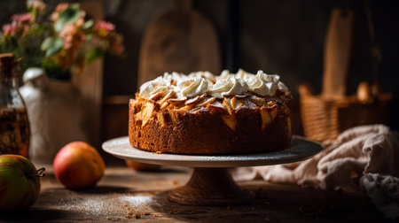 A freshly baked apple cake featuring tender slices and a golden crust, adorned with fluffy whipped cream and crunchy caramel nuts on a vintage stand.の写真素材