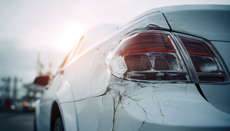 A white vehicle in the midst of repairs featuring a fractured rear bumper and a tail light being restored, highlighting automotive damage and maintenaの写真素材