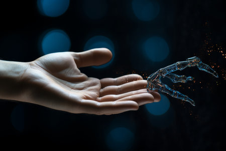 Ai and machine learning technology, human-robot interaction on big data network backgroundの写真素材