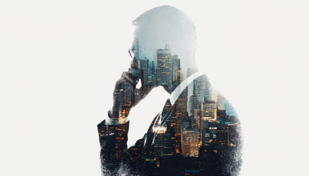 A confident professional engaged in a phone call, superimposed with a vibrant cityscape illuminated after dark, conveying connectivity and ambitionの写真素材