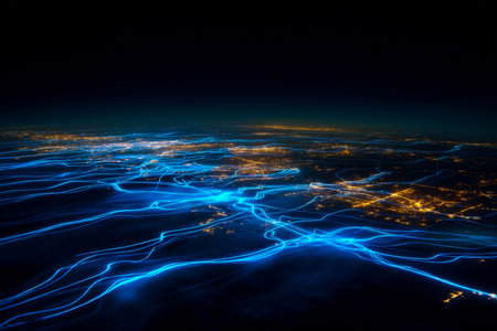 Streaks of vibrant electric blue illuminated a shadowed terrain, creating a dynamic contrast in a...
